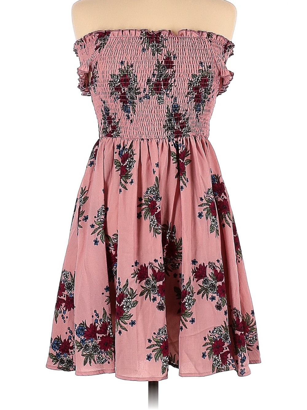 Pink Floral Smocked Off Shoulder Mini Dress Boho Cottagecore Medium